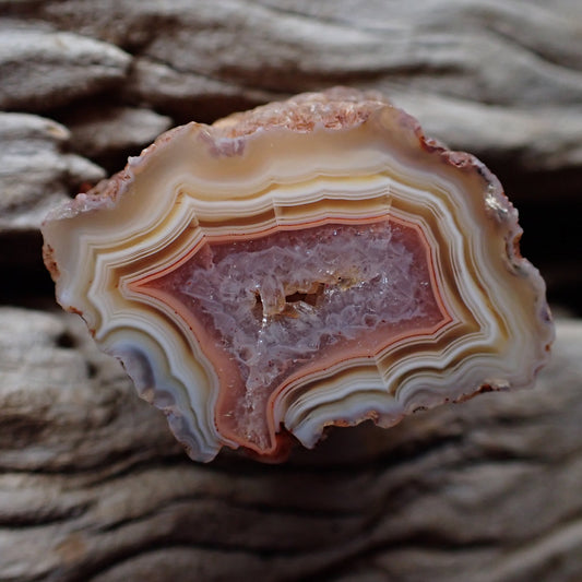 Polished Malawi agate from Ngabu region with unusual peach and salmon banding with parallax, flow channel and very pretty crystalline centre