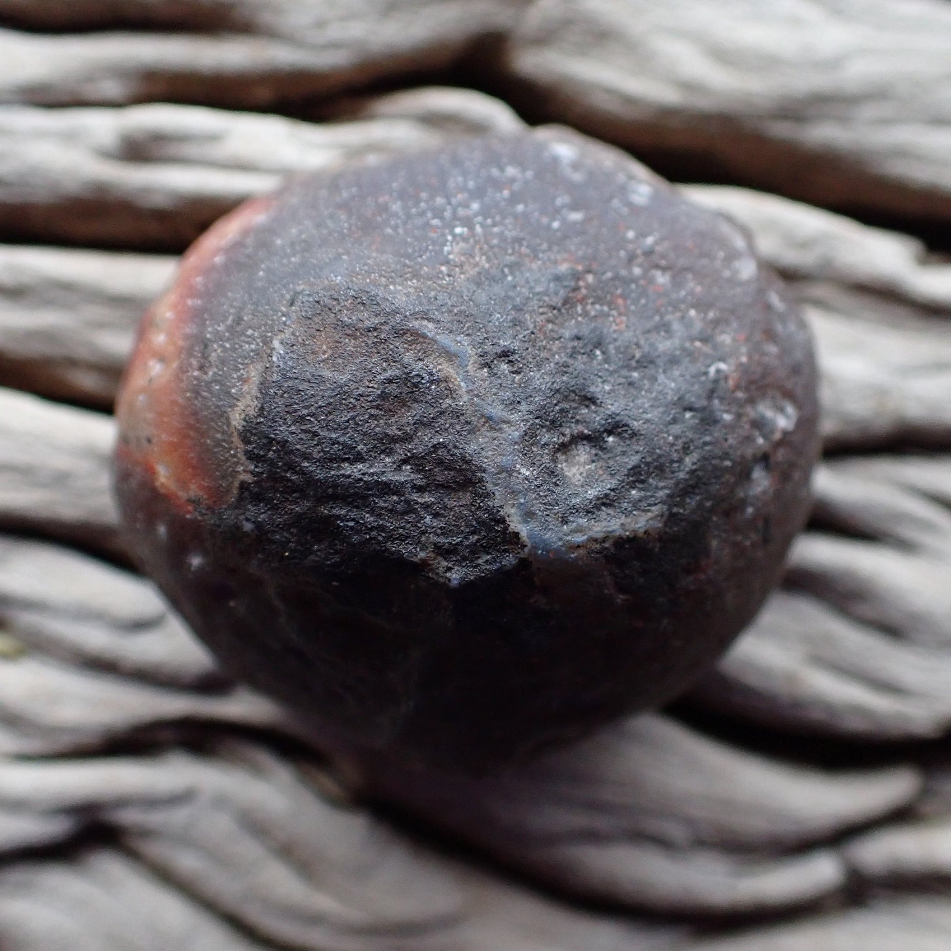 Back of Malawi agate 45 mm – near-circular natural nodule form, dark exterior, Ngabu deposit, hand-polished in South Africa | SKU 000357
