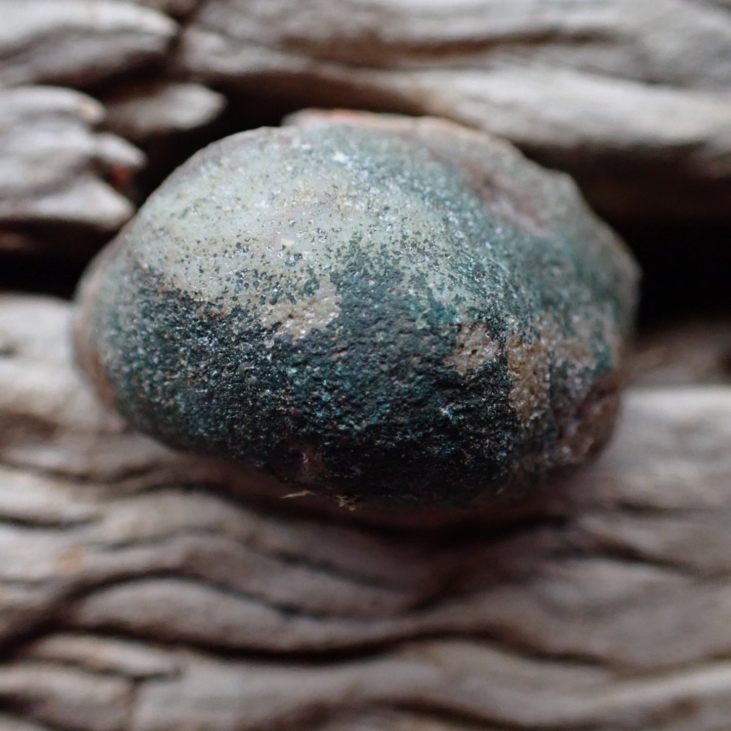 Back of Malawi agate 48 mm – striking teal-green to dark blue-grey mineral exterior, Ngabu deposit, hand-polished in South Africa | SKU 000369