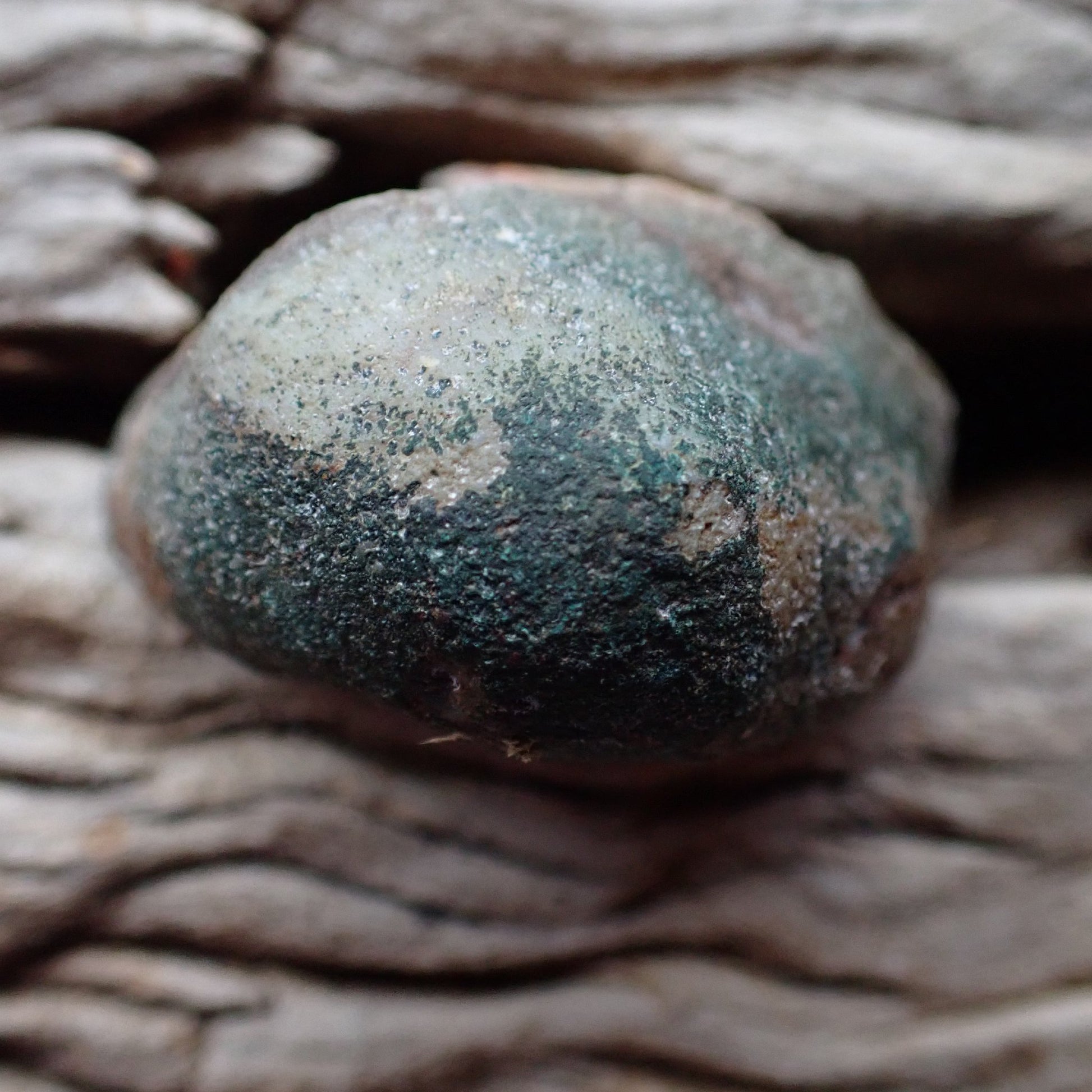Back of Malawi agate 48 mm – striking teal-green to dark blue-grey mineral exterior, Ngabu deposit, hand-polished in South Africa | SKU 000369