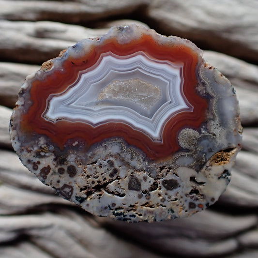 Polished Malawi agate from the Ngabu region with parallax and white on red fortification banding