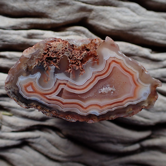 Polished Malawi agate from the Ngabu region with double chamber ringed by fortification banding in orange and slamon colours