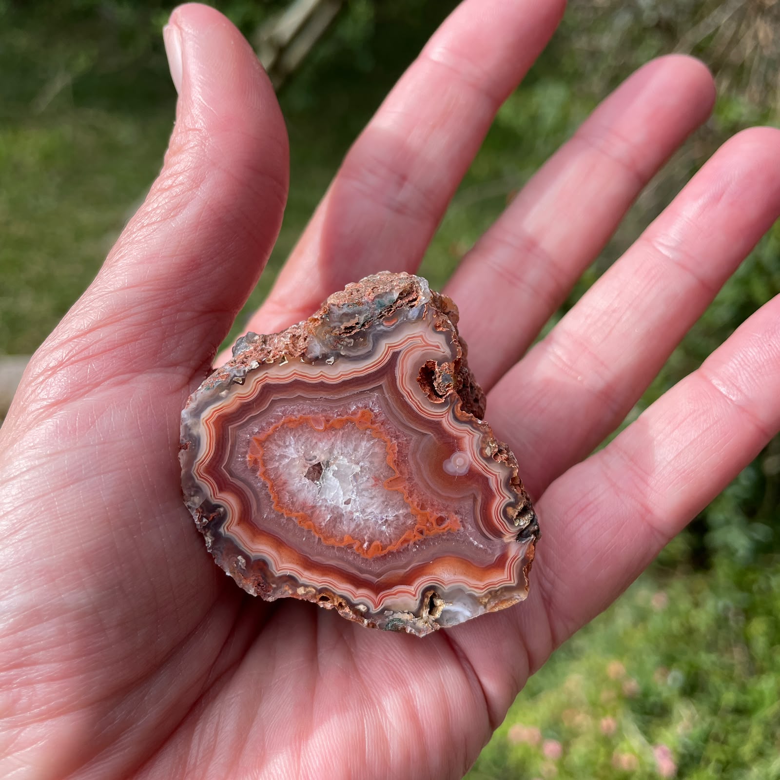 Flow channel eye Malawi agate 50mm – in-hand size reference, sard-red and orange tones, flow channel, eye and crazy lace banding | SKU 000400