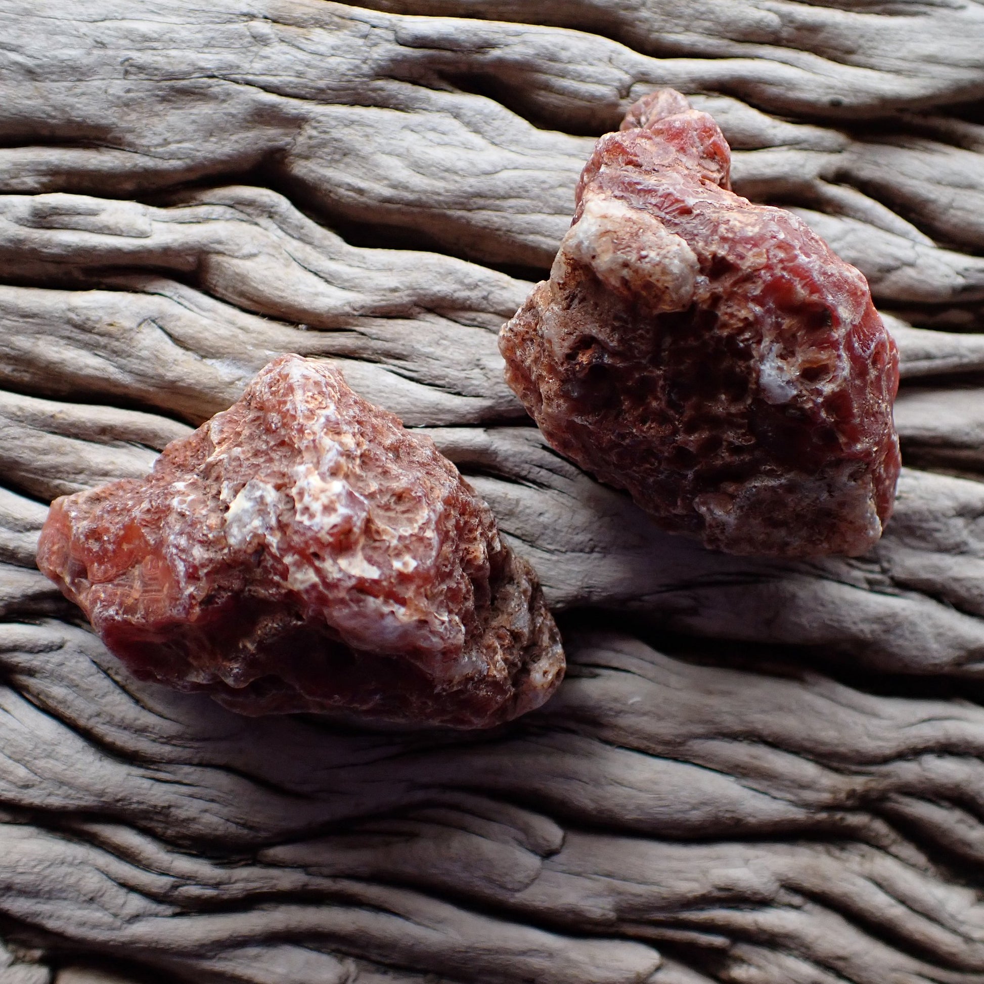Unpolished rough sides of matching Malawi agate pair showing natural texture