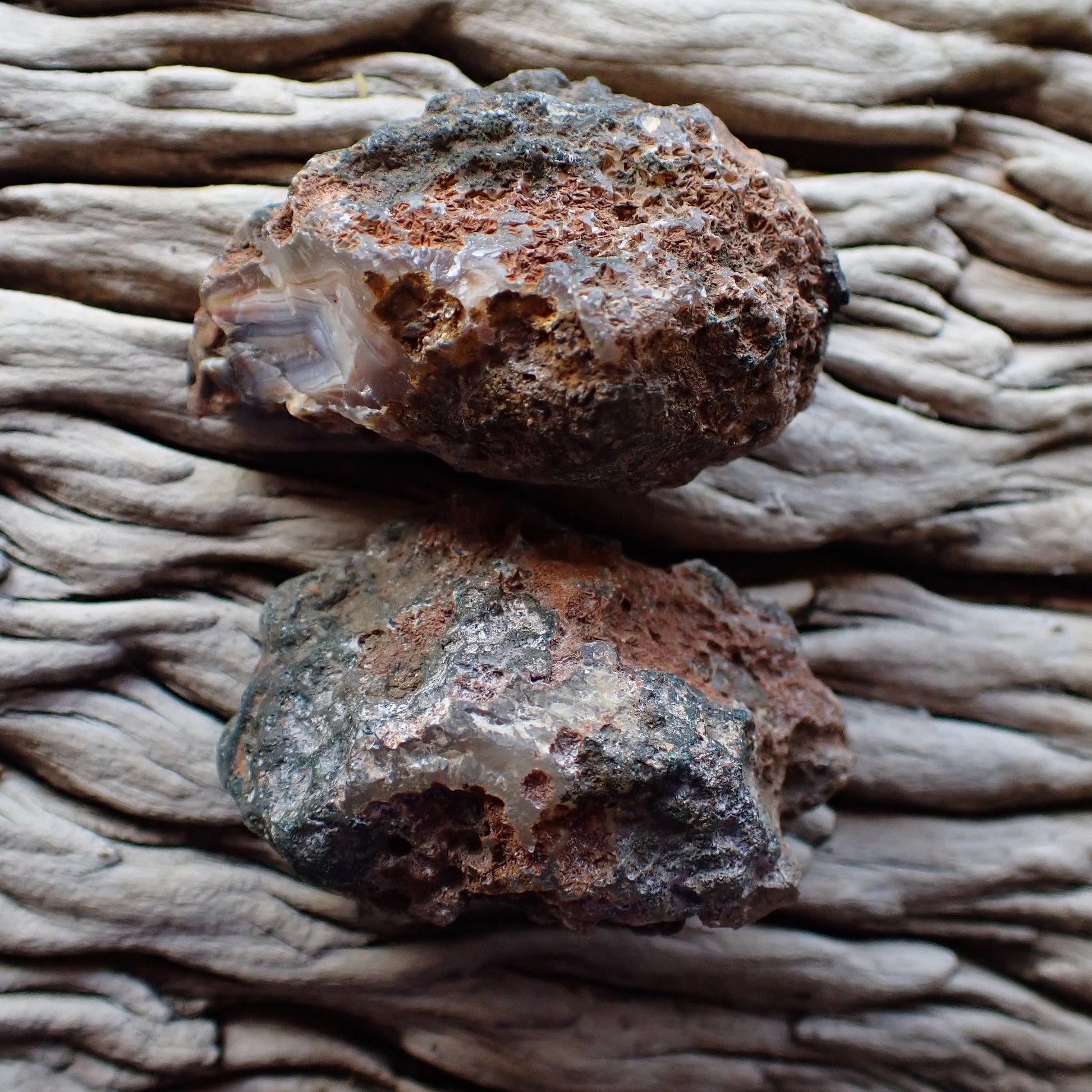 unpolished side of a matching pair of malawi agates
