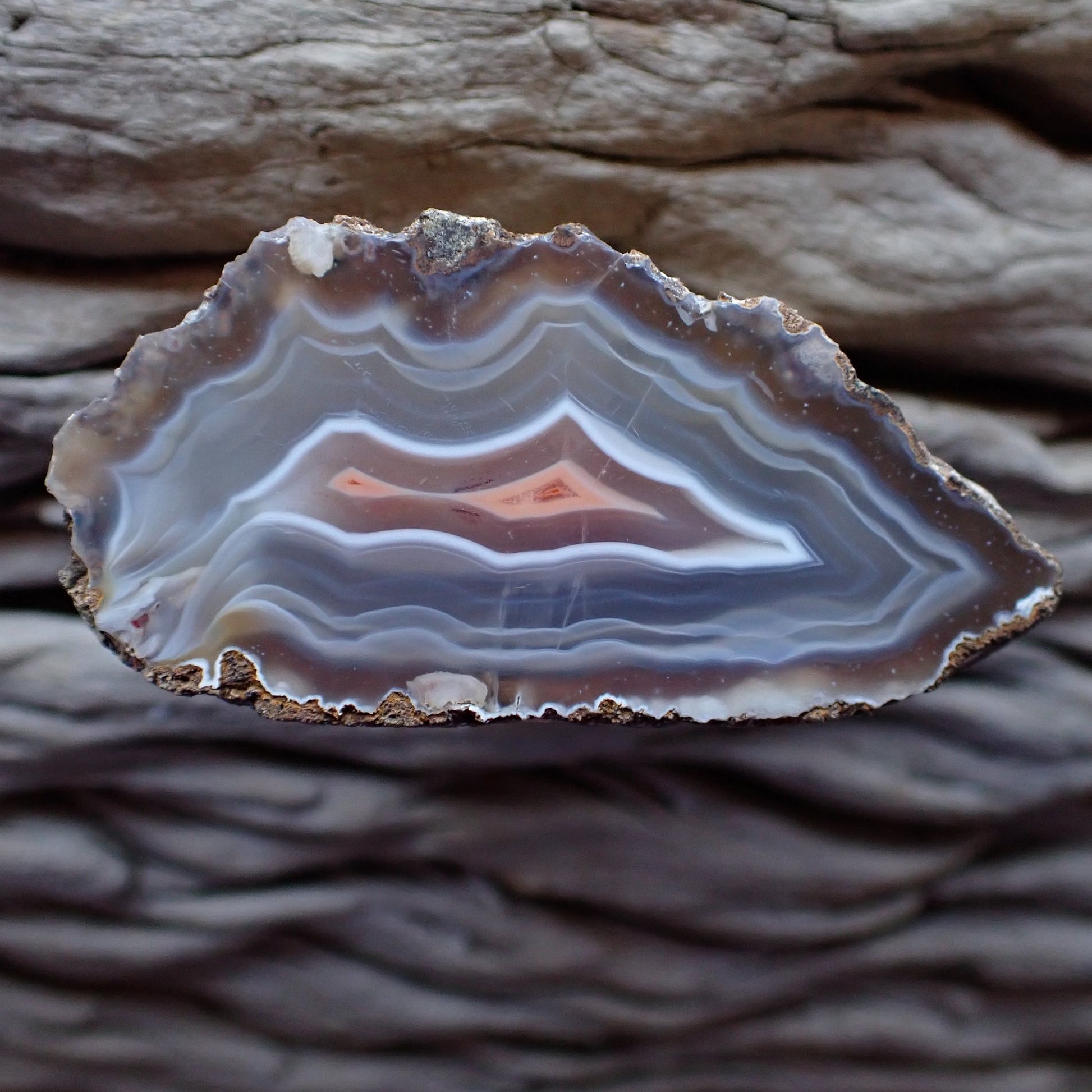 Cut & polished Malawi Ngabu agate with lovely ghost banding and flow channel and a salmon pink centre