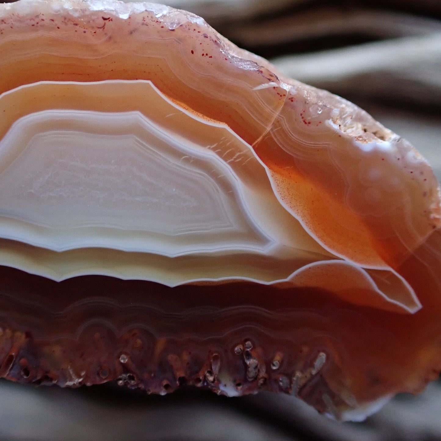 close-up of ghost banding on an orange and white Malawi agate