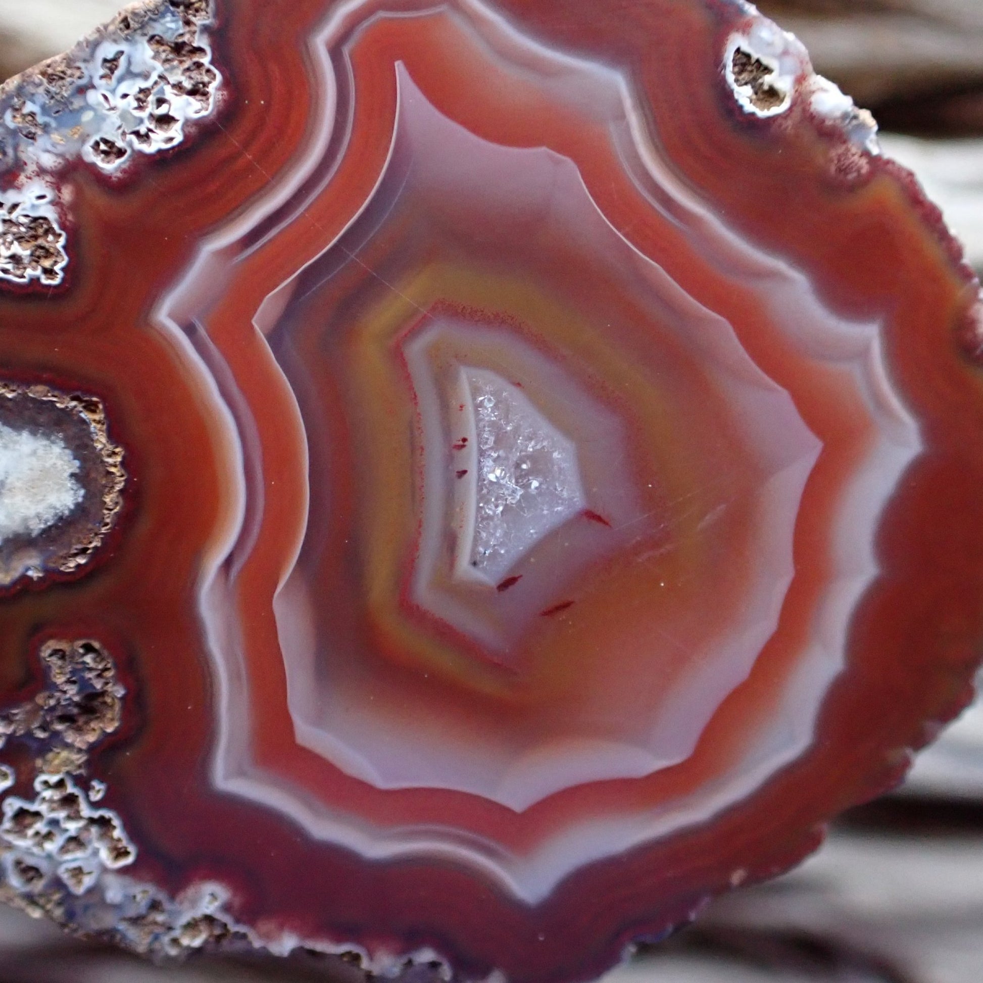 Close-up of the ghost banding around a lovely malawi ngabu candy agate