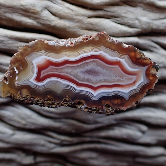 Beautiful tightly banded Malawi Ngabu agate collector specimen, tight white ghost banding going into a solid red fortification type band around a crystalline centre