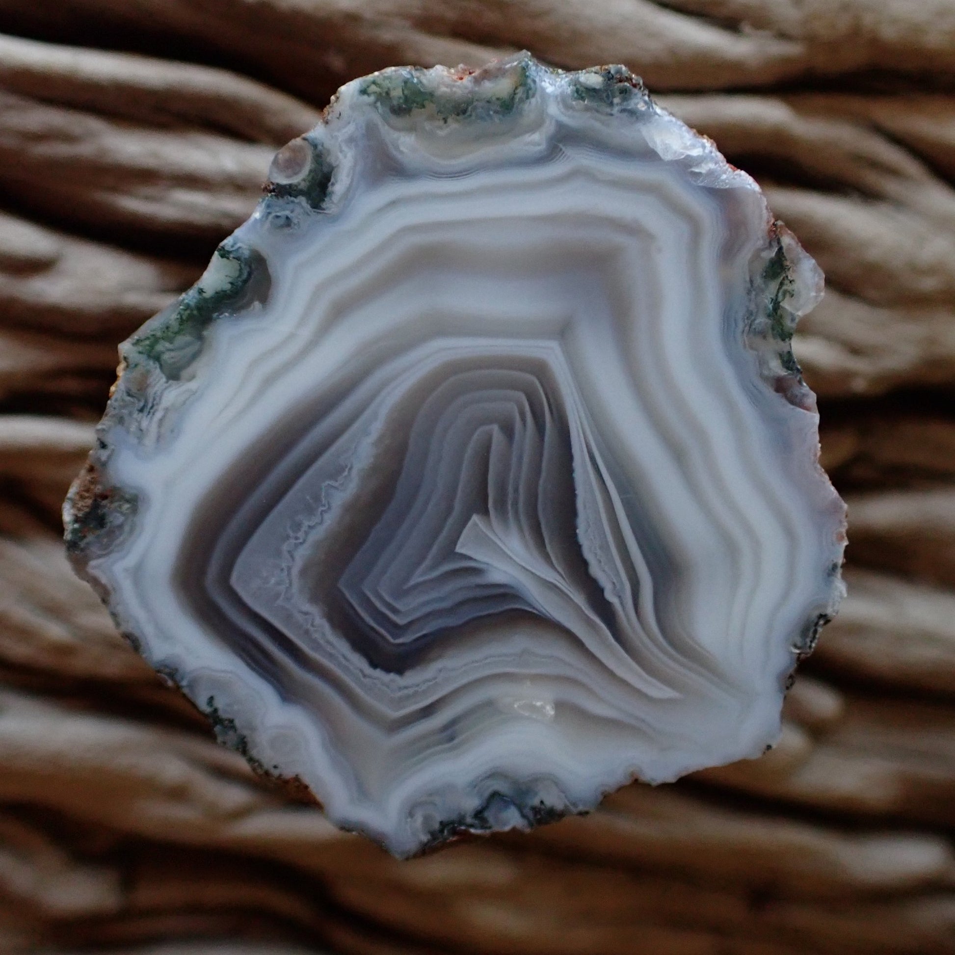 Cut and hand polished Malawi ngabu agate in grey and white, lovely ghost and crazy lace banding and a stunning flow channel