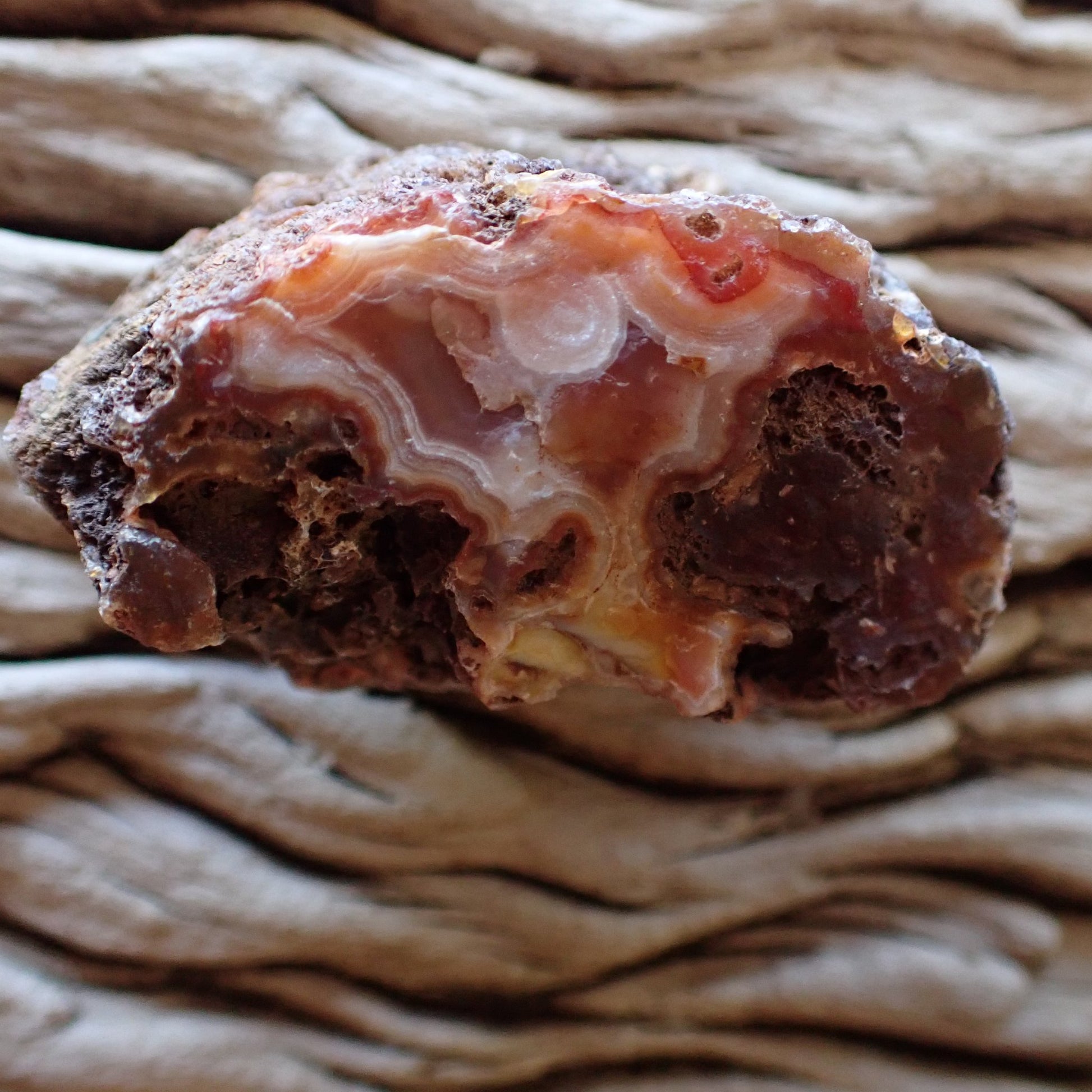 Unpolished side of a Malawi agate nodule showing a hint of the colours and banding inside