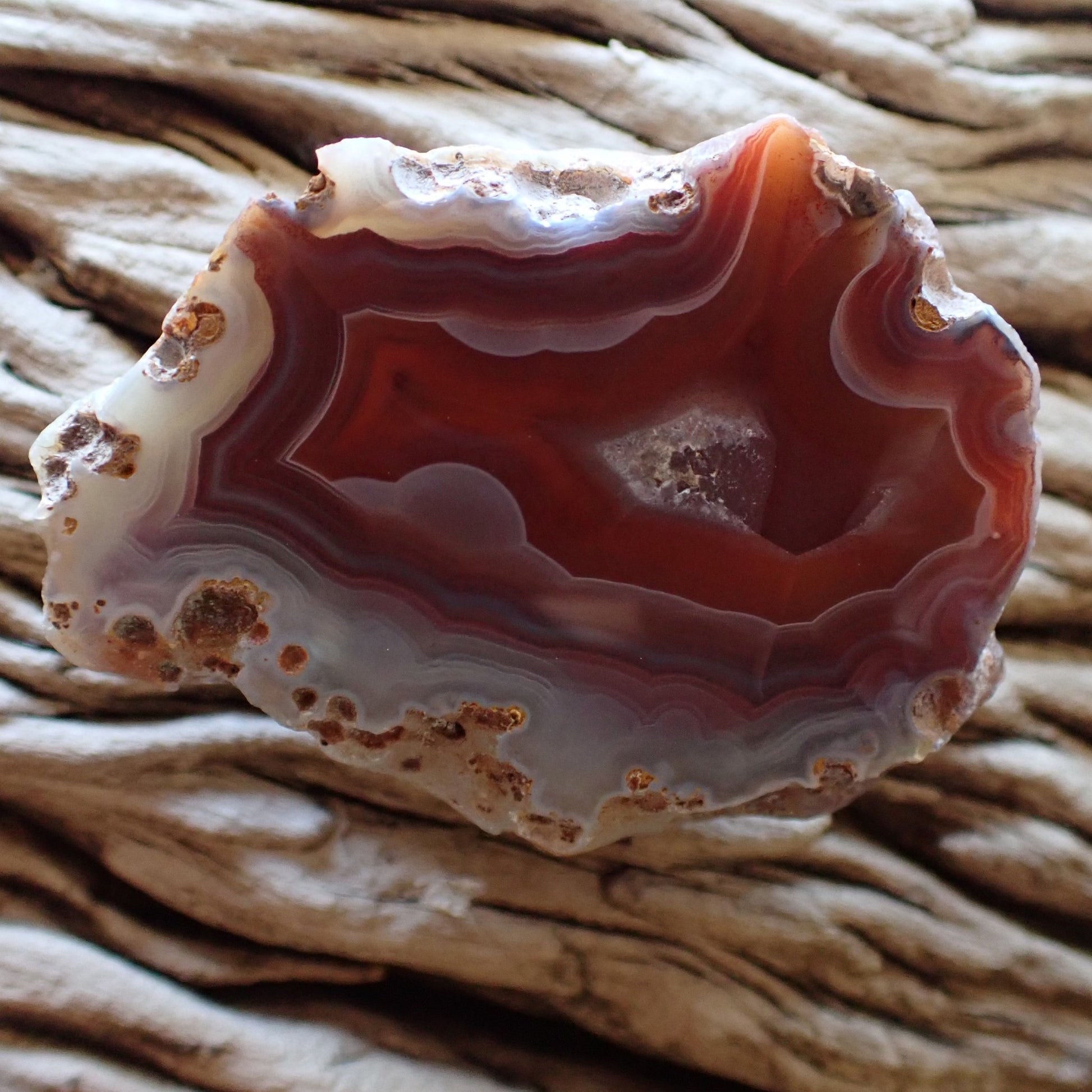 Lovely cut and hand polished red and white Malawi Ngabu agate with fortification and ghost banding streaming out to a nice clear flow channel