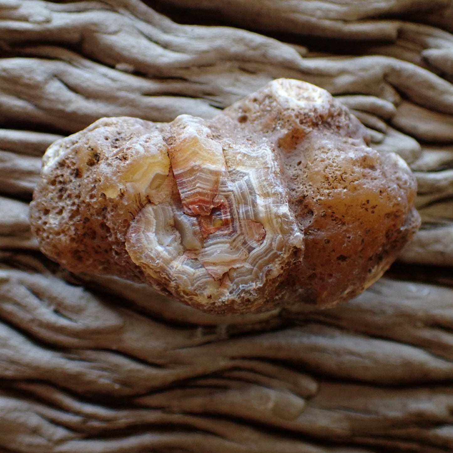Unpolished side of a Malawi Ngabu agate showing the hint of the coloured layers inside the stone