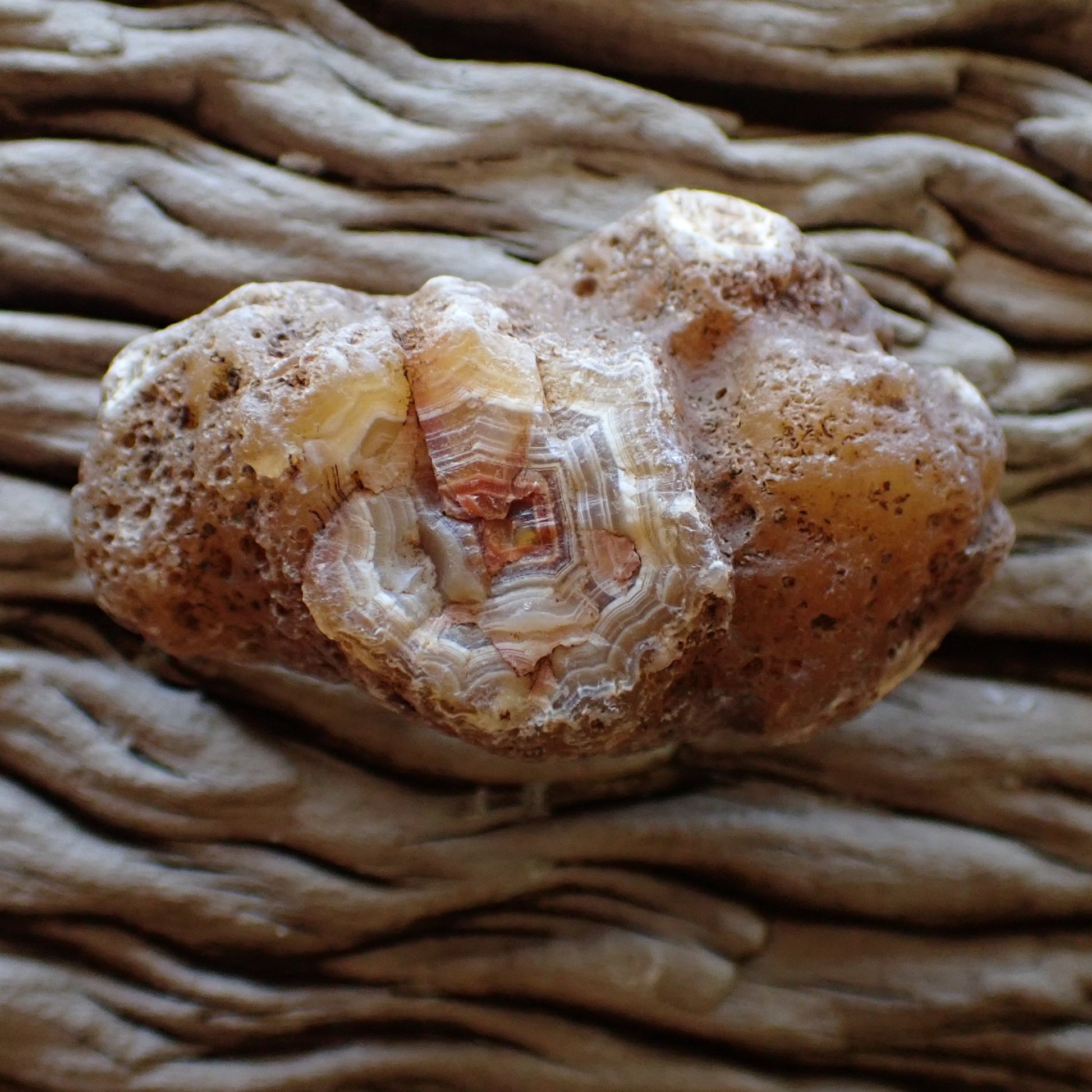 Unpolished side of a Malawi Ngabu agate showing the hint of the coloured layers inside the stone