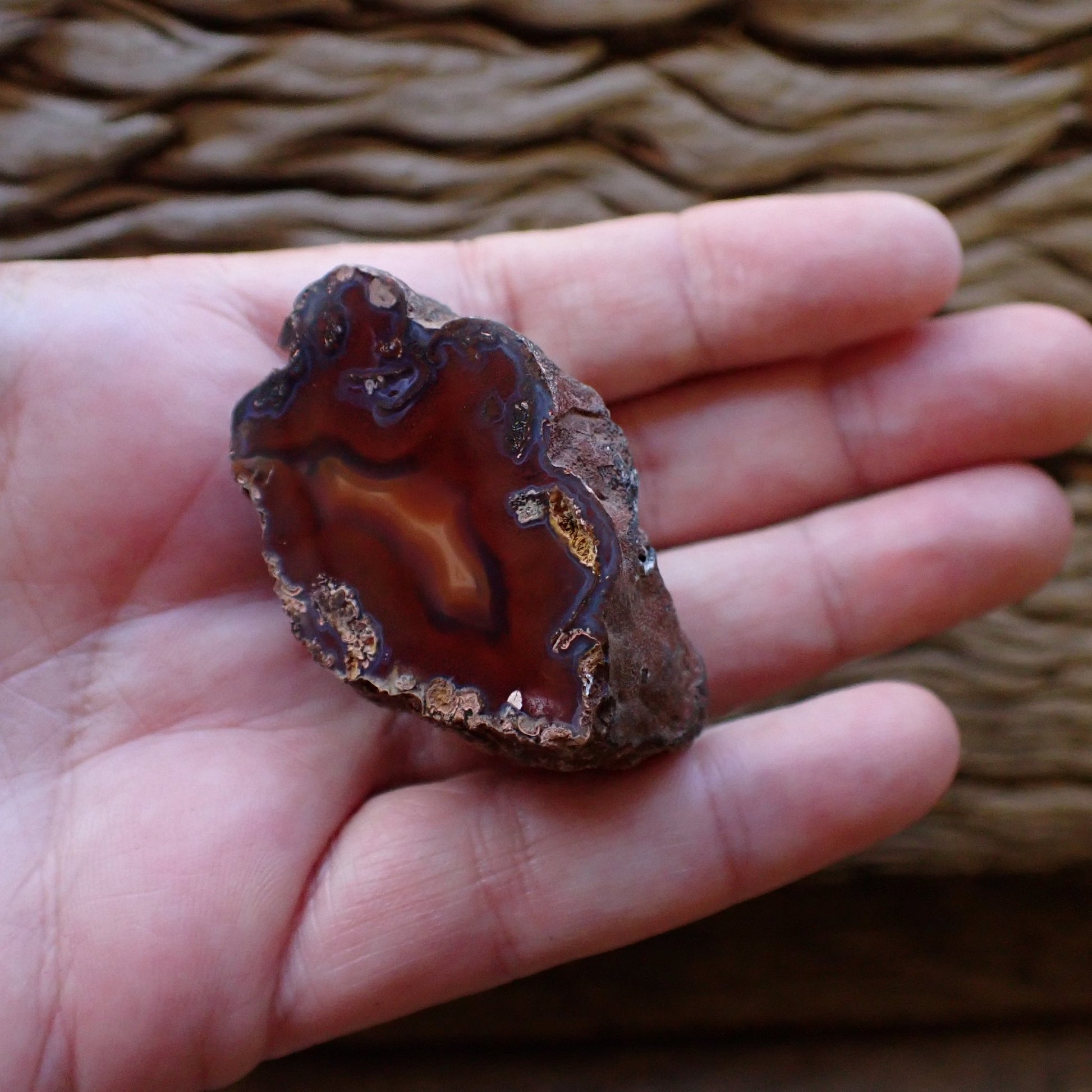 Hand-polished Ngabu Malawi agate held in hand to show scale — 44 mm collector specimen — SKU 000472