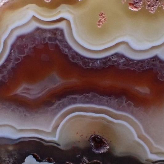 Close-up of Ngabu Malawi agate face revealing lacy crenulated band edges, shadow banding and inverse sard-carnelian core — SKU 000473