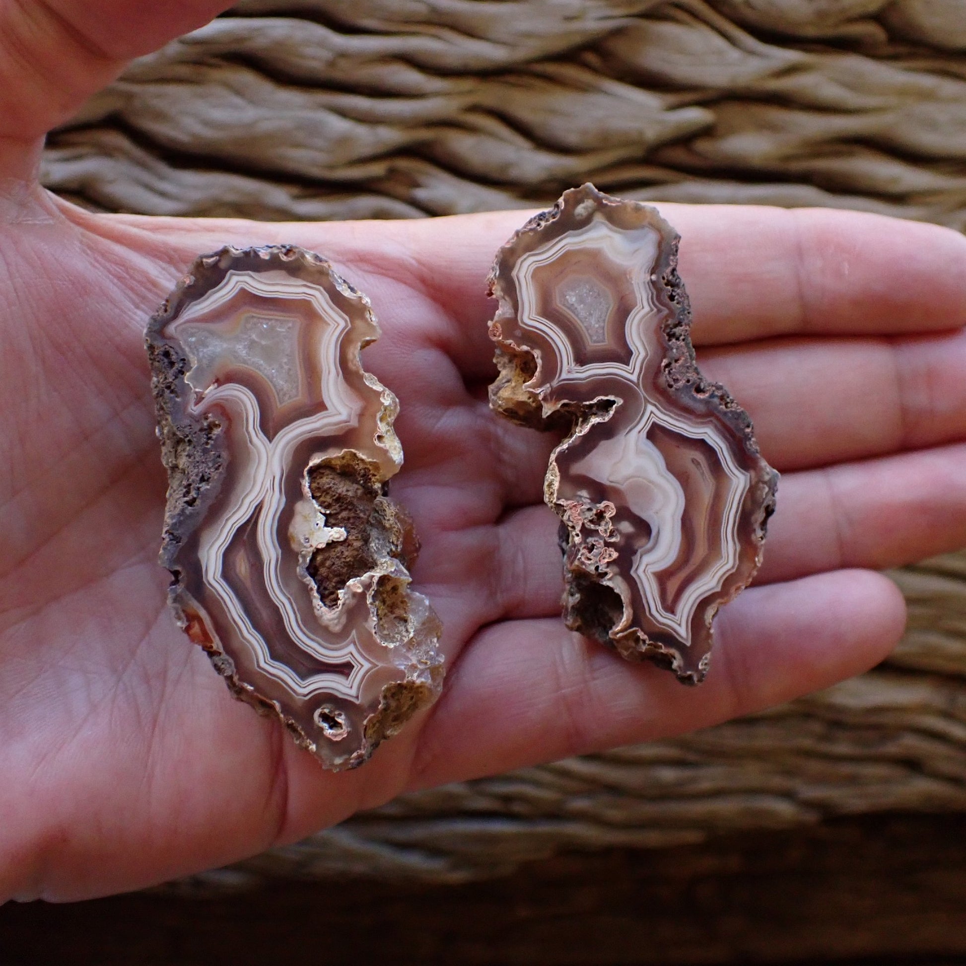 Malawi agate pair 57 mm & 56 mm in hand – size reference, 75 g matched collector pair, Ngabu, Malawi