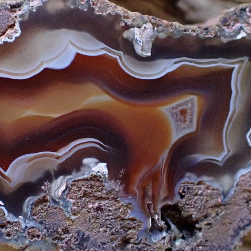 Close-up of natural hand-polished Malawi agate 45 mm – face detail showing bold scalloped banding, shadow banding and flow channel, Ngabu Malawi | SKU 000488