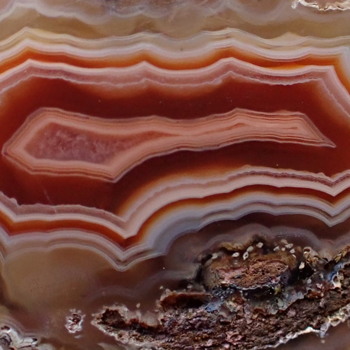 Polished Malawi agate 44 mm – face detail, angular fortification banding, ghost banding in carnelian zone, scalloped outer edges | SKU 000496