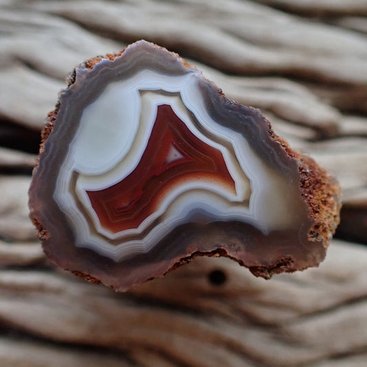 Natural hand-polished Malawi agate 34 mm – full face, inverse colour centre, scalloped banding, ghost banding | SKU 000498