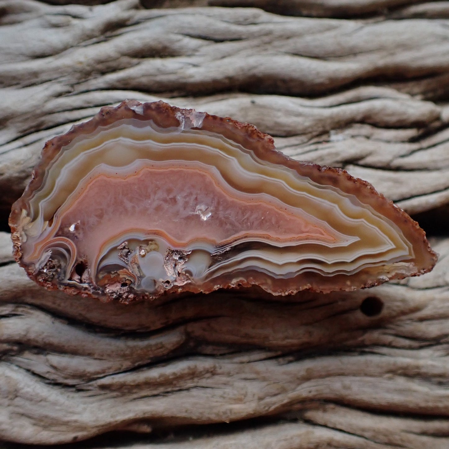 Natural hand-polished Malawi agate 58 mm – full face, flow channel, fortification banding, ghost banding | SKU 000500
