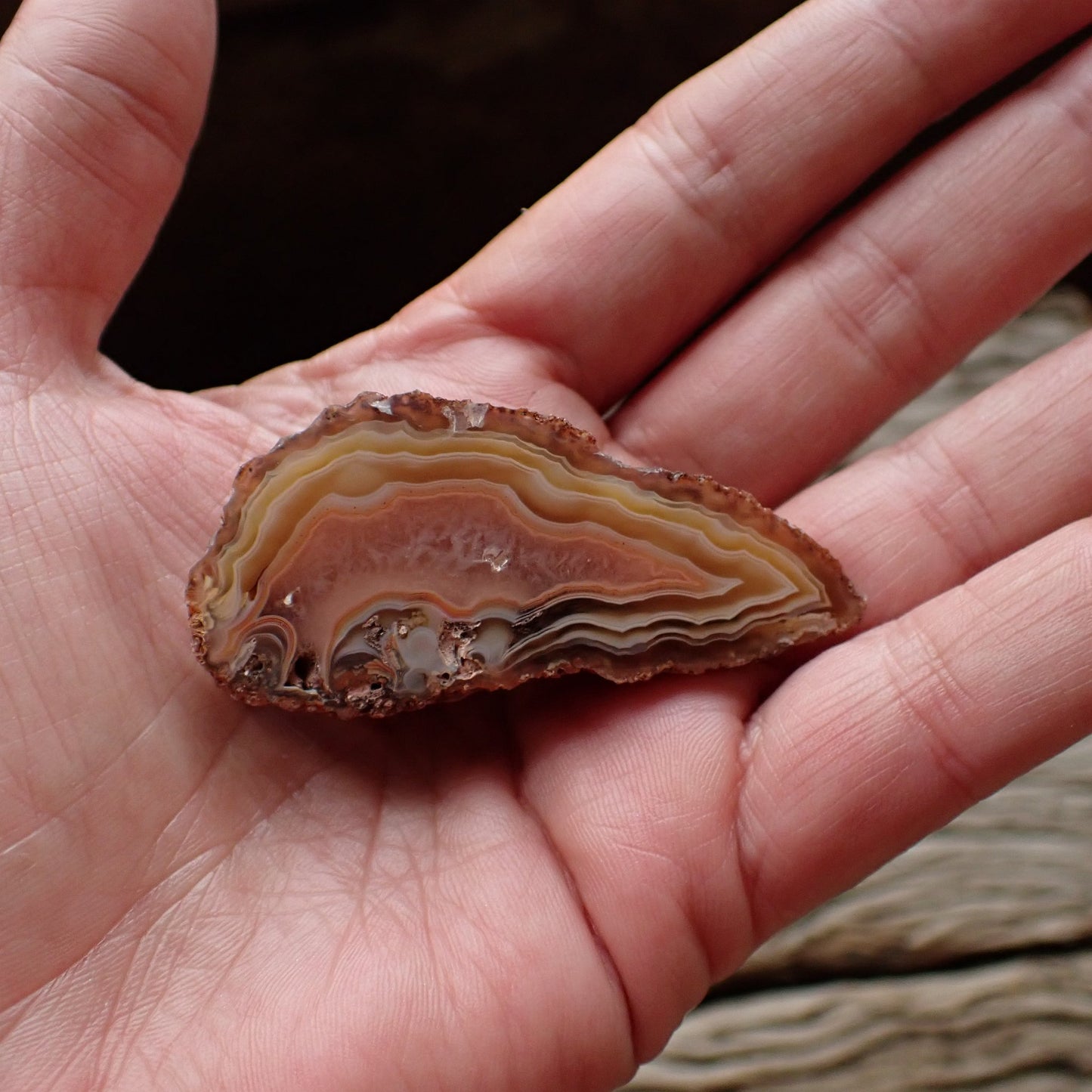 Natural hand-polished Malawi agate 58 mm – in-hand size reference, flow channel, fortification banding, ghost banding | SKU 000500