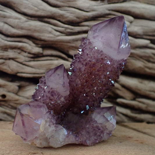 Side profile amethyst Cactus Quartz Spirit Quartz cluster 69mm – elongated primary point, dense drusy coverage, dark amethyst purple | SKU OM00003