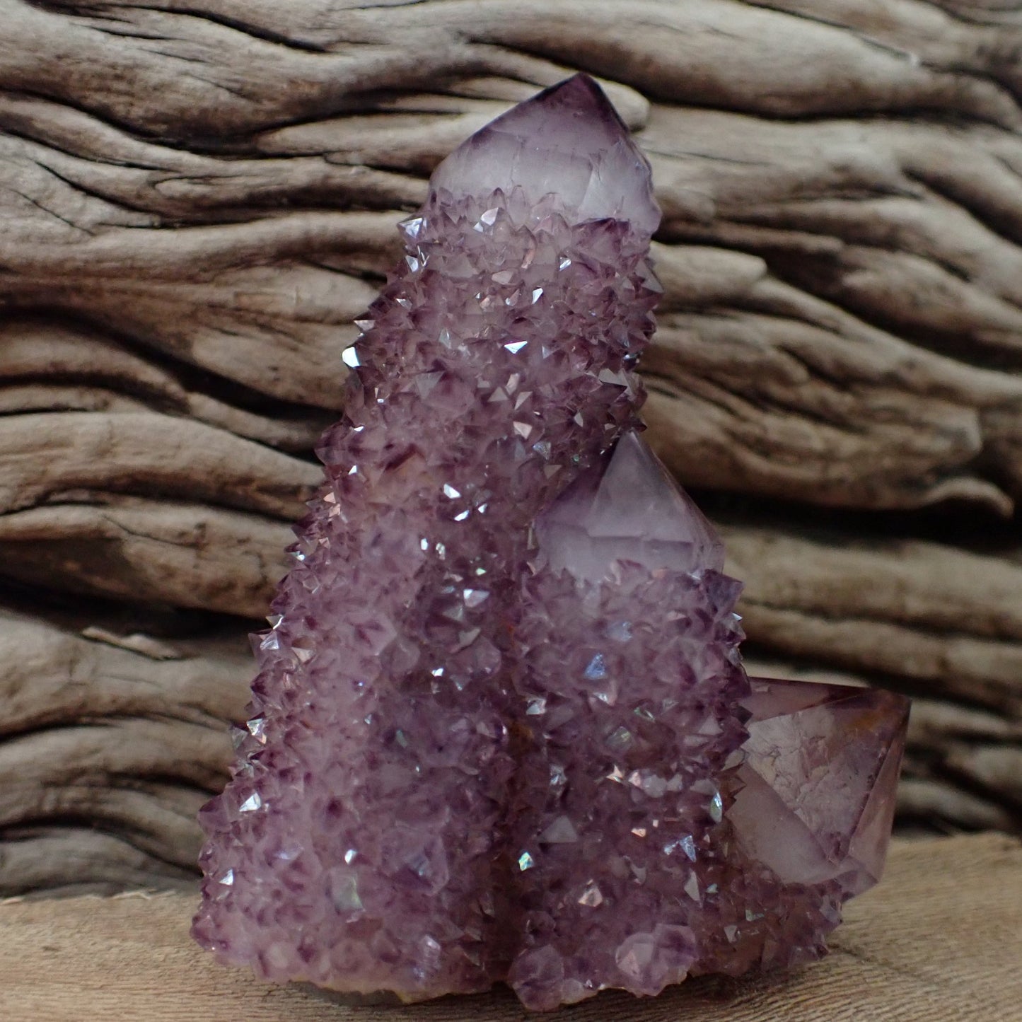 Back view amethyst Cactus Quartz Spirit Quartz cluster 69mm – iron oxide staining on drusy coverage, natural finish | SKU OM00003