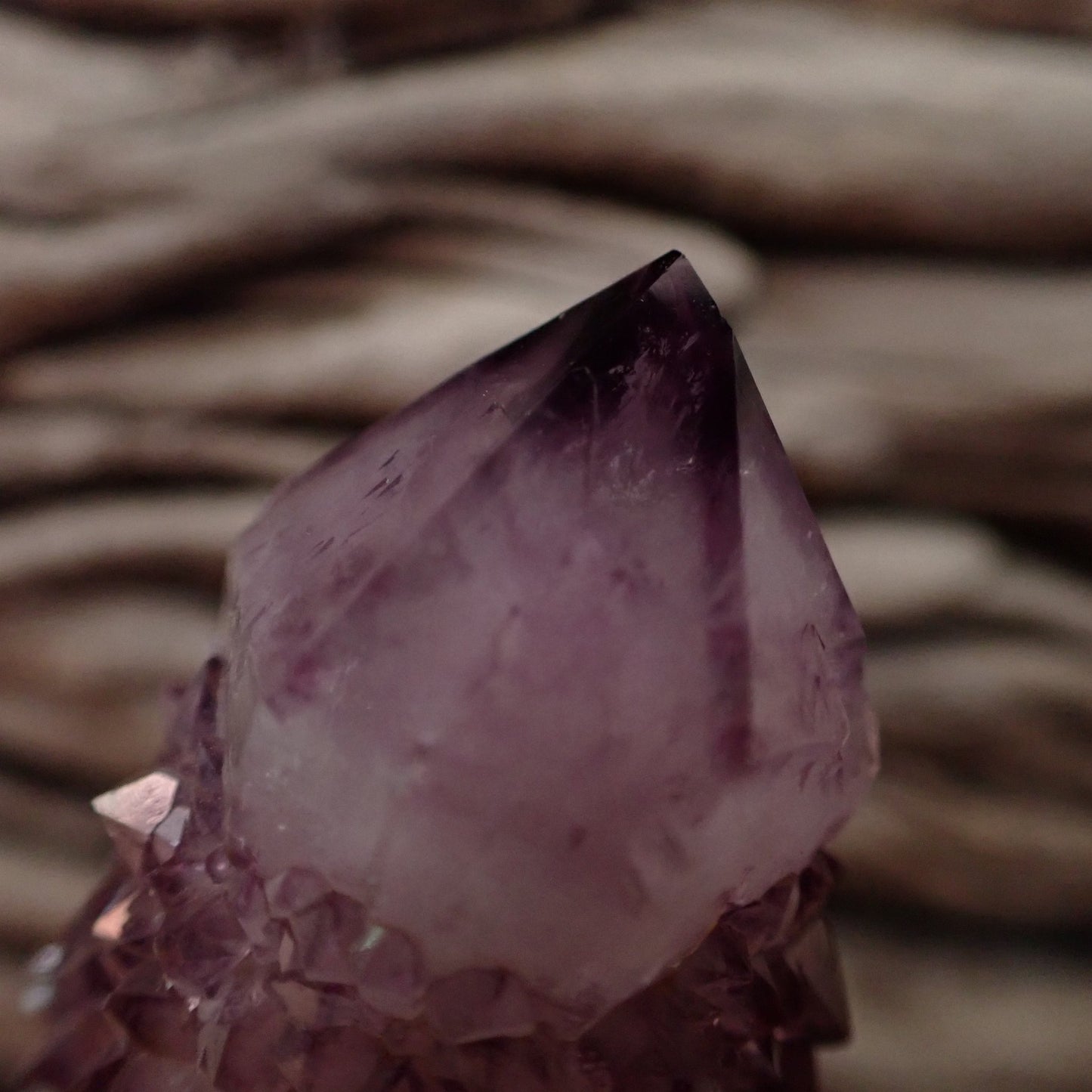 Close-up amethyst Cactus Quartz Spirit Quartz cluster 69mm – primary termination detail, colour zoning, deep purple tip | SKU OM00003