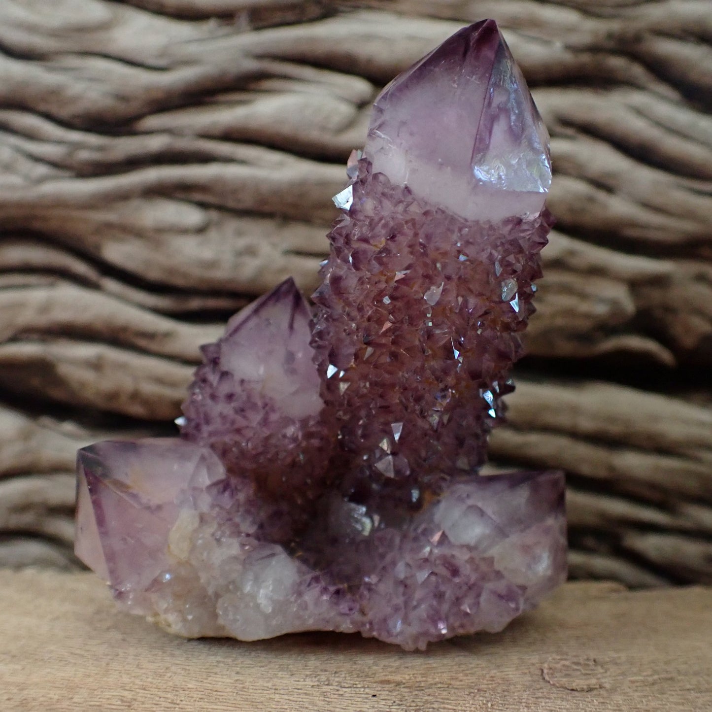 Low angle front view amethyst Cactus Quartz Spirit Quartz cluster 69mm – base crystals and quartz matrix, Boekenhouthoek, South Africa | SKU OM00003