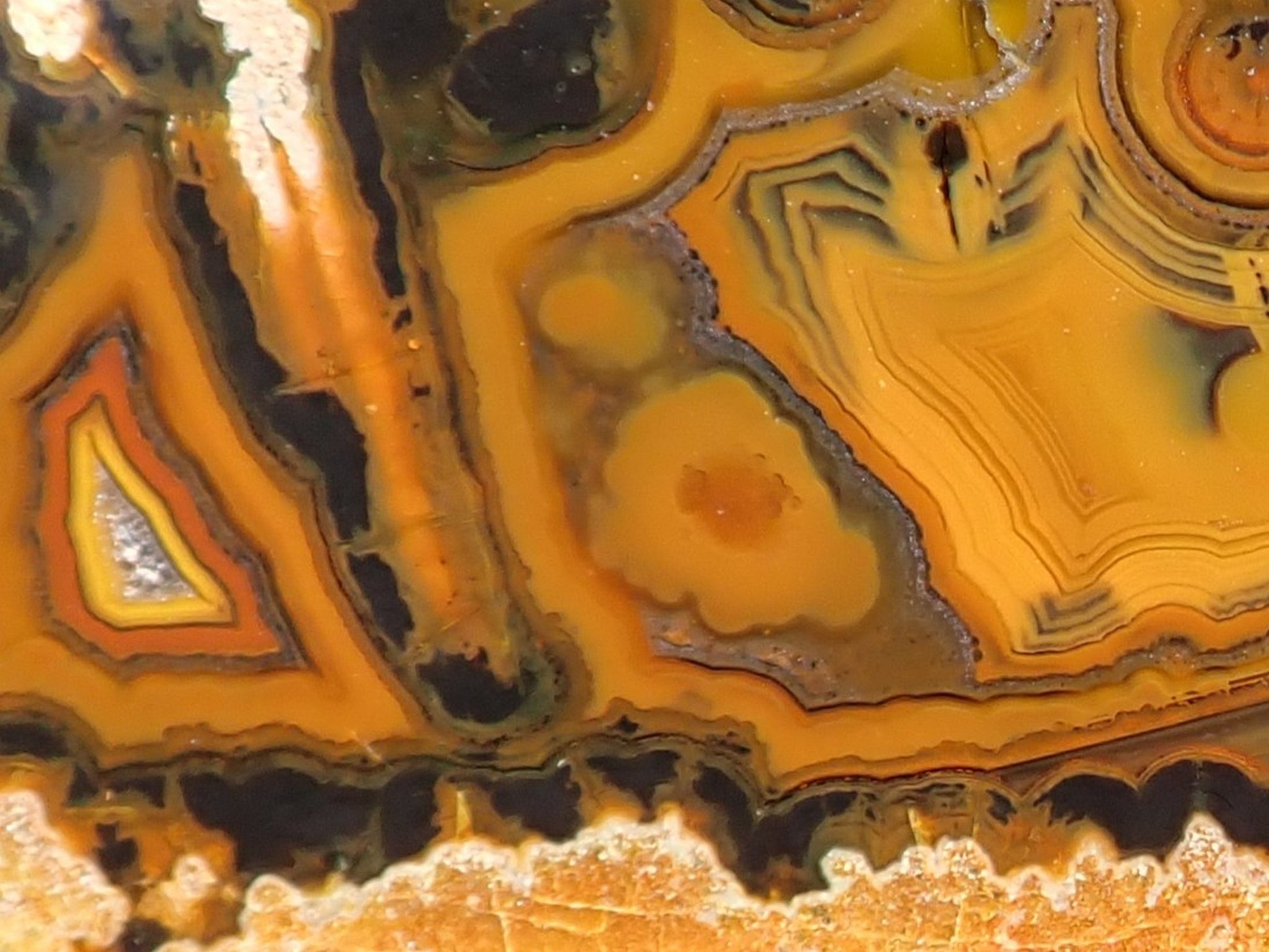 Lilangabi agate 117mm – close-up, fortification banding detail, waterlines, sard-orange and brown-black contrast | SKU LIL00013