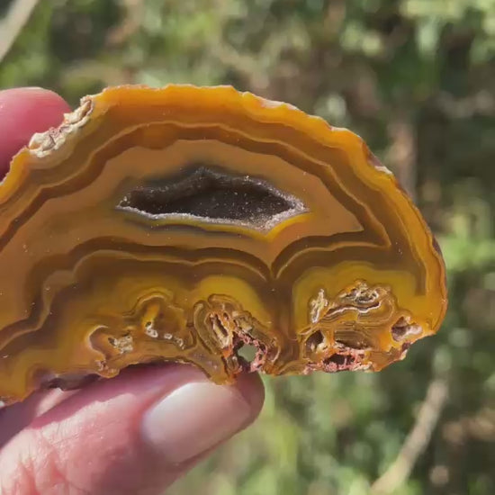 Lilangabi agate 63 mm – video, druzy vug, scalloped banding, amber and golden yellow palette, Eswatini | SKU LIL00031
