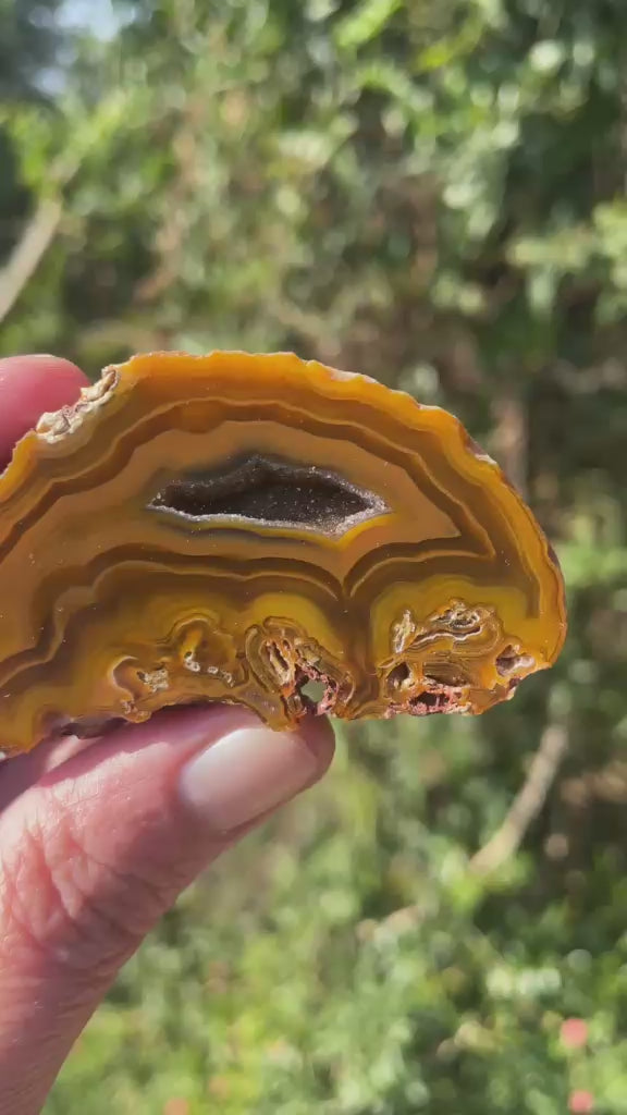 Lilangabi agate 63 mm – video, druzy vug, scalloped banding, amber and golden yellow palette, Eswatini | SKU LIL00031