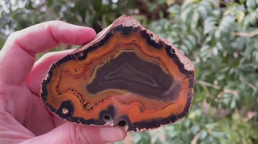 Lilangabi agate 91 mm – rotating view, perimorphs, chromatism, fortification banding