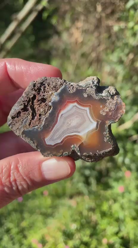 Fortification banding Malawi agate 55mm – rotating view, fortification banding, ghost banding, crystalline centre | SKU 000347
