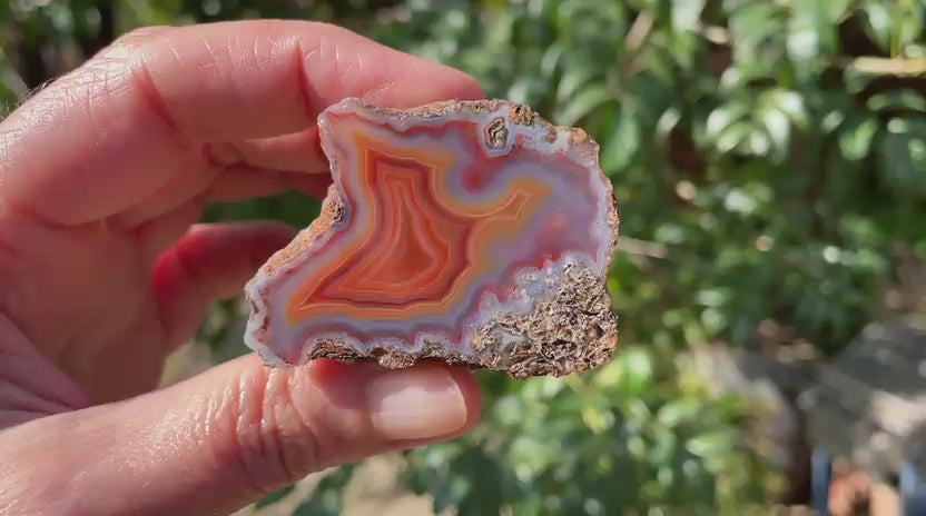 Malawi agate 52 mm – rotating view, fortification banding, carnelian-orange and blue-grey
