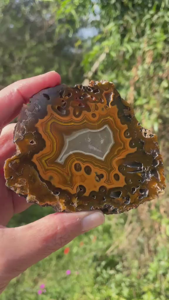 Lilangabi agate 103 mm – rotating view, eyes, fortification banding and chromatism | SKU LIL00003