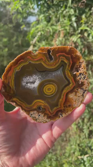 Lilangabi agate 105 mm – rotating view, bullseye, fortification banding, chromatism and druzy vug | SKU LIL00002