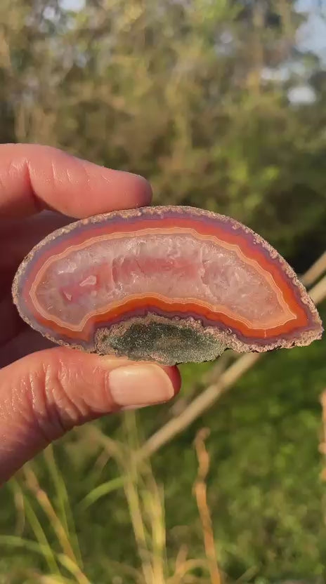Video of Malawi agate 69 mm – full specimen, sard-red ring with lavender-pink quartz centre, purple outer border and teal-green exterior rind, Ngabu deposit | SKU 000338