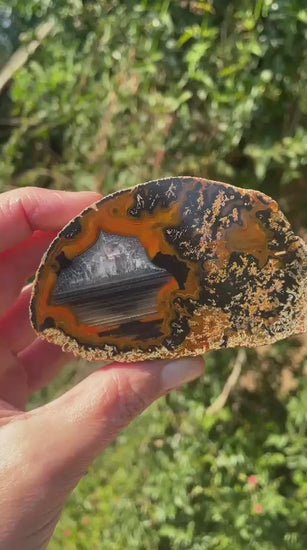 Lilangabi agate 90mm – video, chalcedony centre, waterlines and dendritic inclusions, orange-black contrast | SKU LIL00018