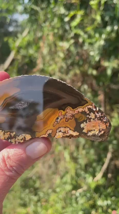 Lilangabi agate 88 mm – video, chromatism, plume inclusions, amber-orange and blue-grey palette, Eswatini | SKU LIL00033