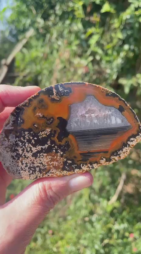 Lilangabi agate 90mm – video, chalcedony centre, waterlines and dendritic inclusions, orange-black contrast | SKU LIL00017