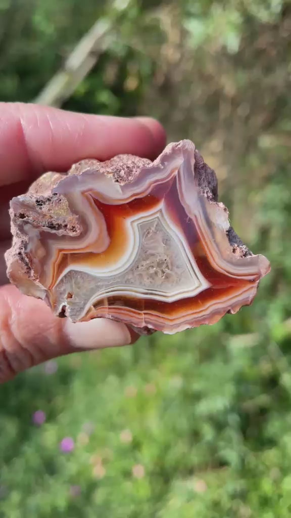 Fortification banding Malawi agate 46mm – rotating view, fortification banding, ghost banding, flow channel | SKU 000343