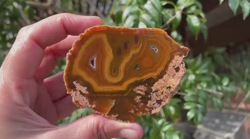 Lilangabi agate 75 mm – rotating view, fortification banding, drusy vugs, perimorphs