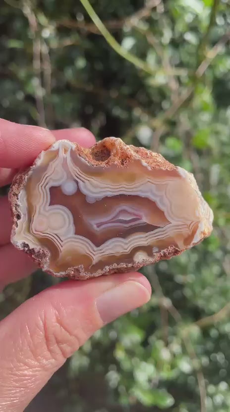 Natural hand-polished Malawi agate 52 mm – rotating view, eyes, flow channel, fortification banding | SKU 000499