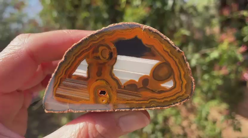 Lilangabi agate 73 mm – rotating view, eyes, white waterline band & chromatography