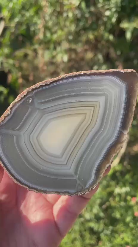 polished South African agate half nodule 91mm – 360° view showing concentric banding, blue-grey and cream palette, natural iron-oxide rind, hand-polished finish | SKU SA00001