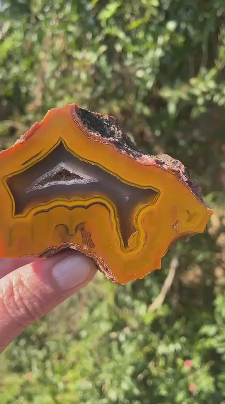 Lilangabi agate 88mm – video, fortification banding, chalcedony centre, amber-gold depth | SKU LIL00021