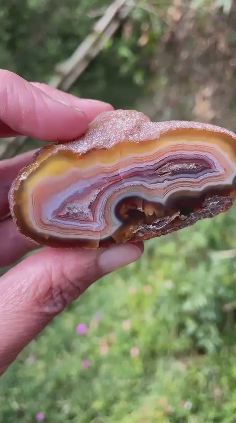 Scalloped banding Malawi agate 69mm – rotating view, scalloped banding, crazy lace | SKU 000339