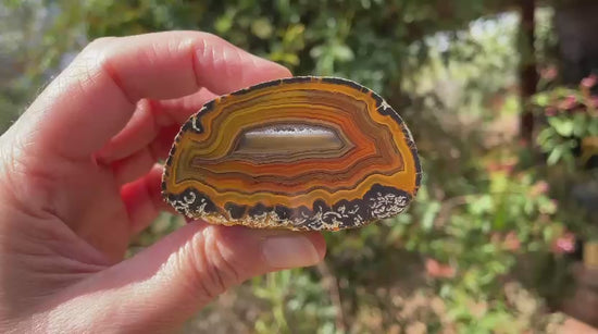 Lilangabi agate 63 mm – rotating view, waterlines, chromatism, fortification banding, scalloped banding